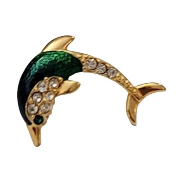 Krementz Gold Tone Green Enamel Clear Rhinestone Dolphin Lapel Scatter Pin, K134 - Picture 7 of 7